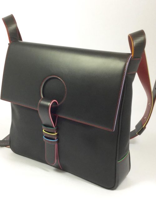 A4 black bag with multicolor labeling. handmade in geneva from eco-responsible quality leathers. 