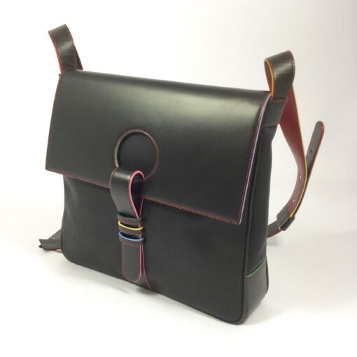 A4 black bag with multicolor labeling. handmade in geneva from eco-responsible quality leathers.