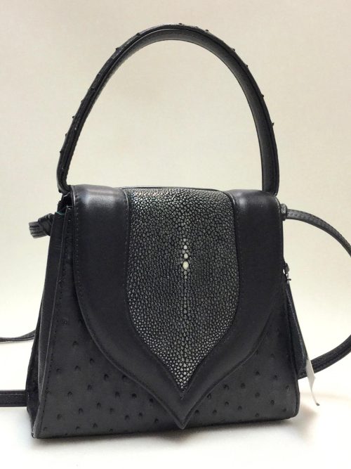 unique shoulder bag. ostrich leather. handled bag. handmade in geneva. exceptional leather goods.    