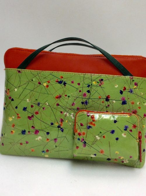 iPad pouch with green varnish flower motif