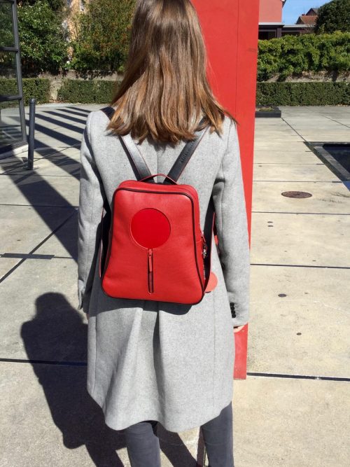 black and red graphic backpack. fine leather goods. unique and elegant bag.  