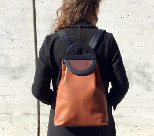 black and caramel graphic backpack. art leather goods. unique and elegant bag. A4 backpack.