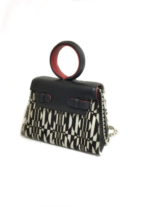 graphic, designer bag. black and white. printed fur leather. houndstooth revisited. handmade in geneva, unique model.    