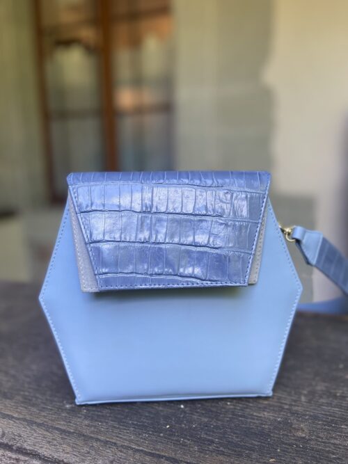 beautiful little bag for everyday use. Original exagon shape. Cameo of blue and light gray. play on texture. handmade in geneva from eco-responsible leathers. unique model.     