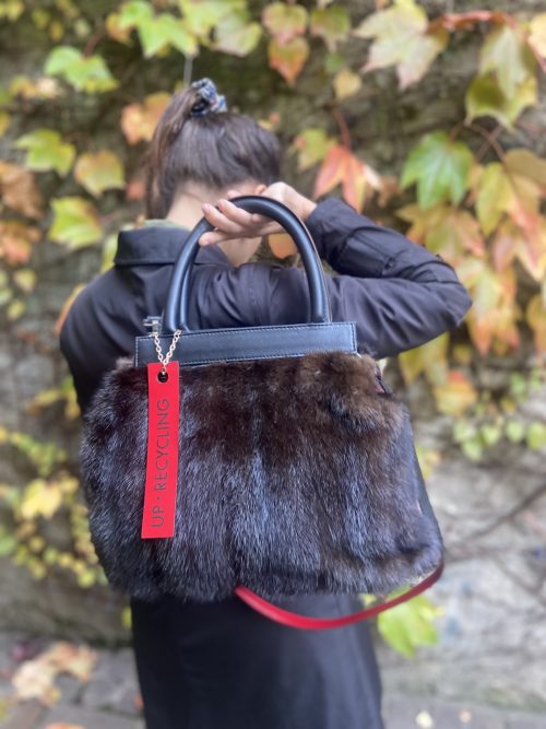 upcycling bag. recycled material. fur. original and unique bag. handmade. exceptional craftsmanship.     
