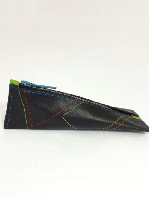 Black tetrahedron case with multicolored stitching