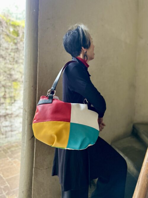 upcycling bag made from leather scraps. patchwork. colorful bag. everyday bag.    A4.
