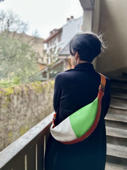 upcycling bag made from leather scraps. patchwork. colorful bag. messenger bag. fanny pack. 