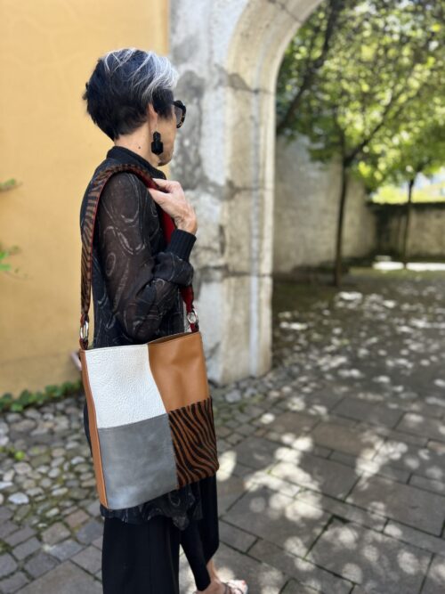 upcycling bag made from leather scraps. patchwork. colorful bag. everyday bag.   